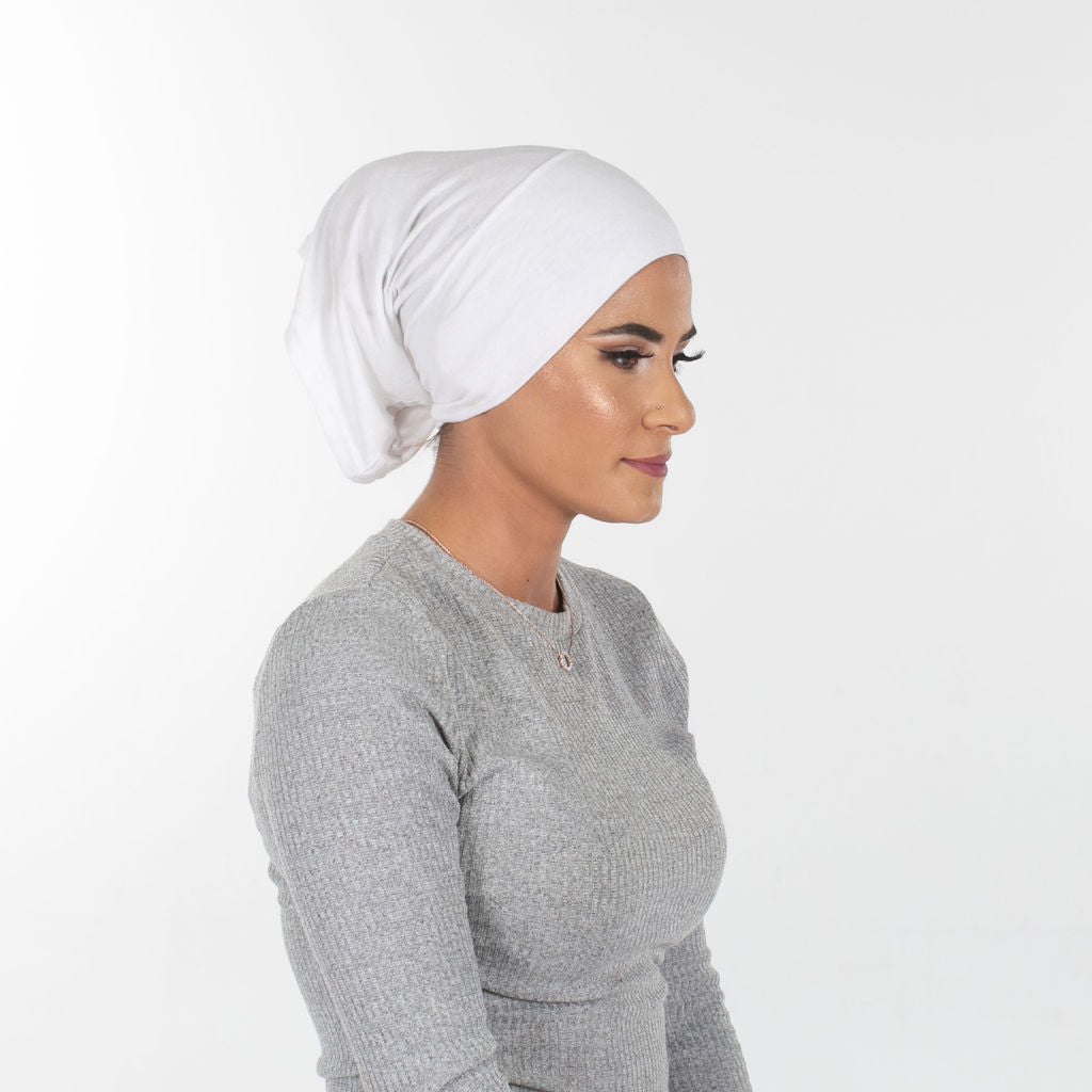 Cotton jersey hijab under cap, straight frontal