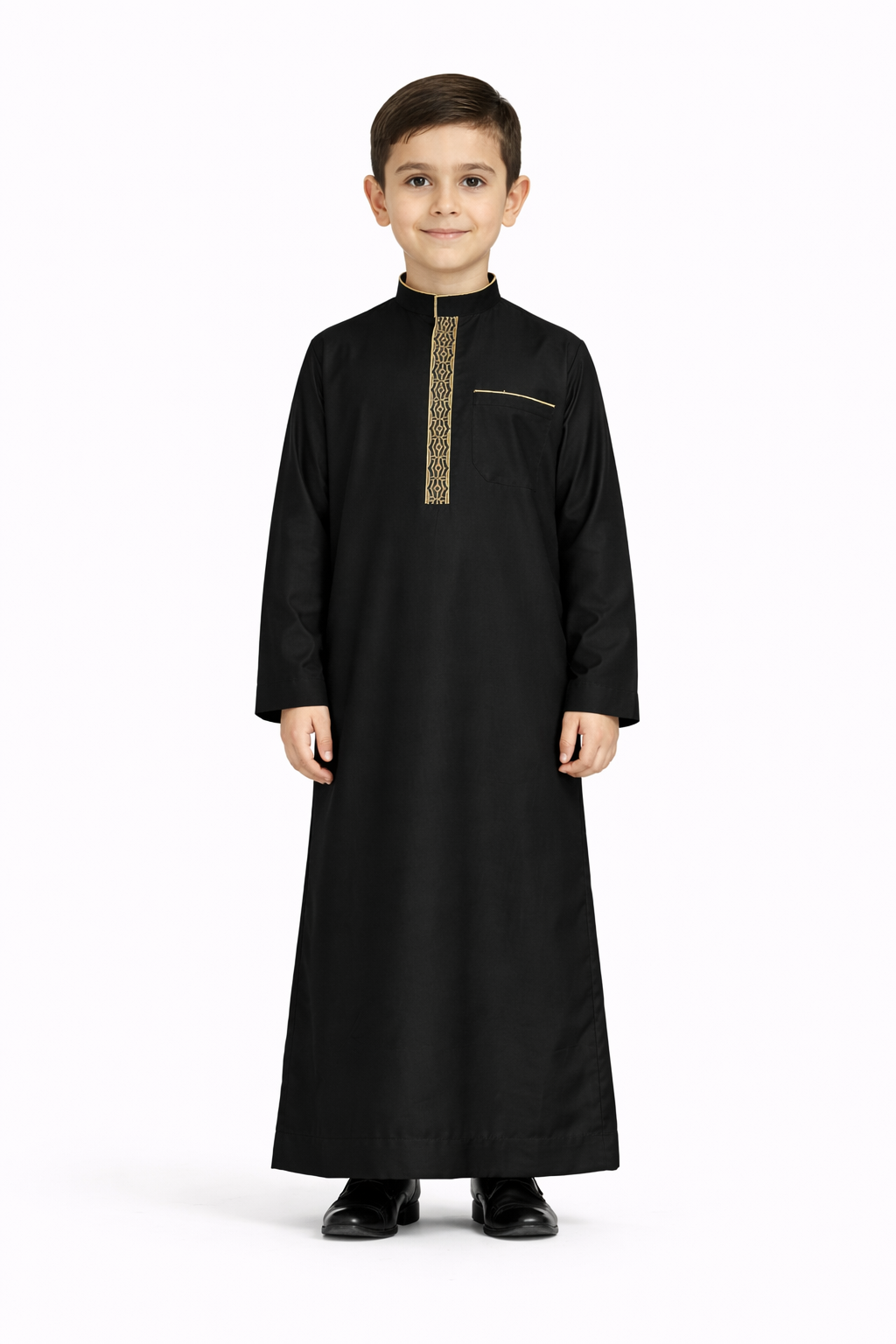 Boys Collar Embroidered Thobe – Traditional Long Sleeve Islamic Wear
