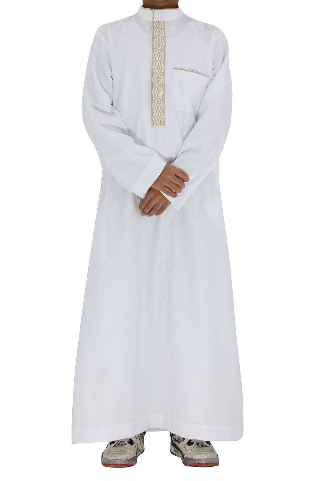 Boys Collar Embroidered Thobe – Traditional Long Sleeve Islamic Wear