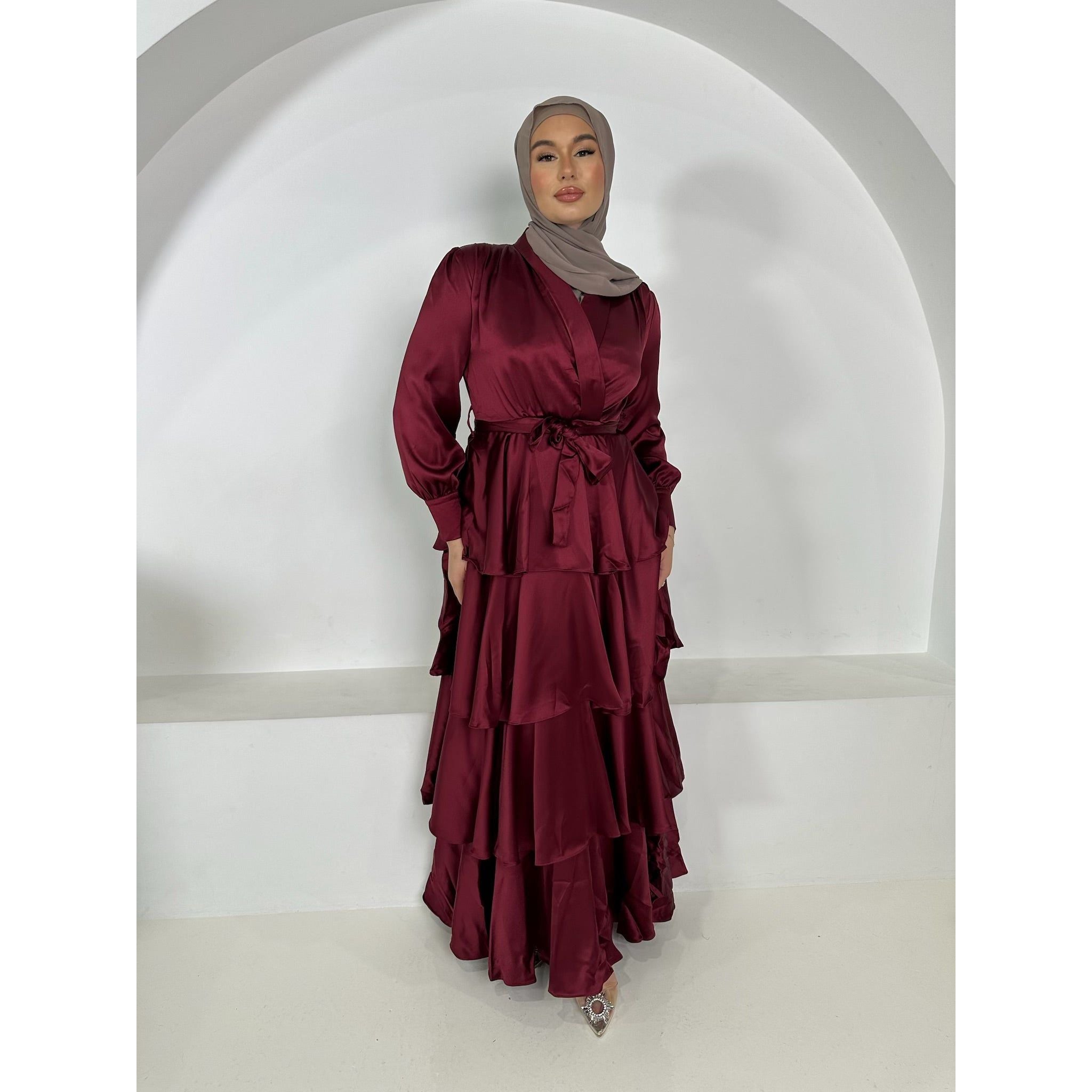 Anna satin dress in Maroon Red.