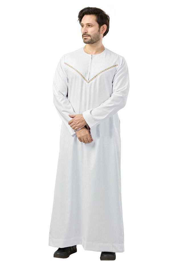Premium Embroidered Omani men’s Thobe-White V design