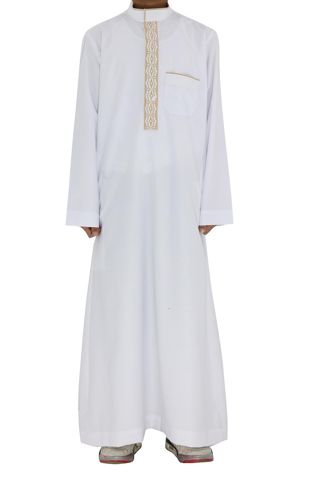 Boys Collar Embroidered Thobe – Traditional Long Sleeve Islamic Wear
