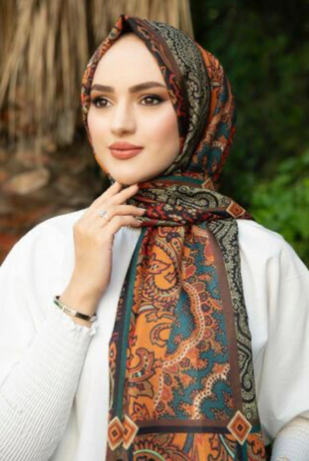 Paisley Satin Hijab – Autumn Teal & Burnt Orange