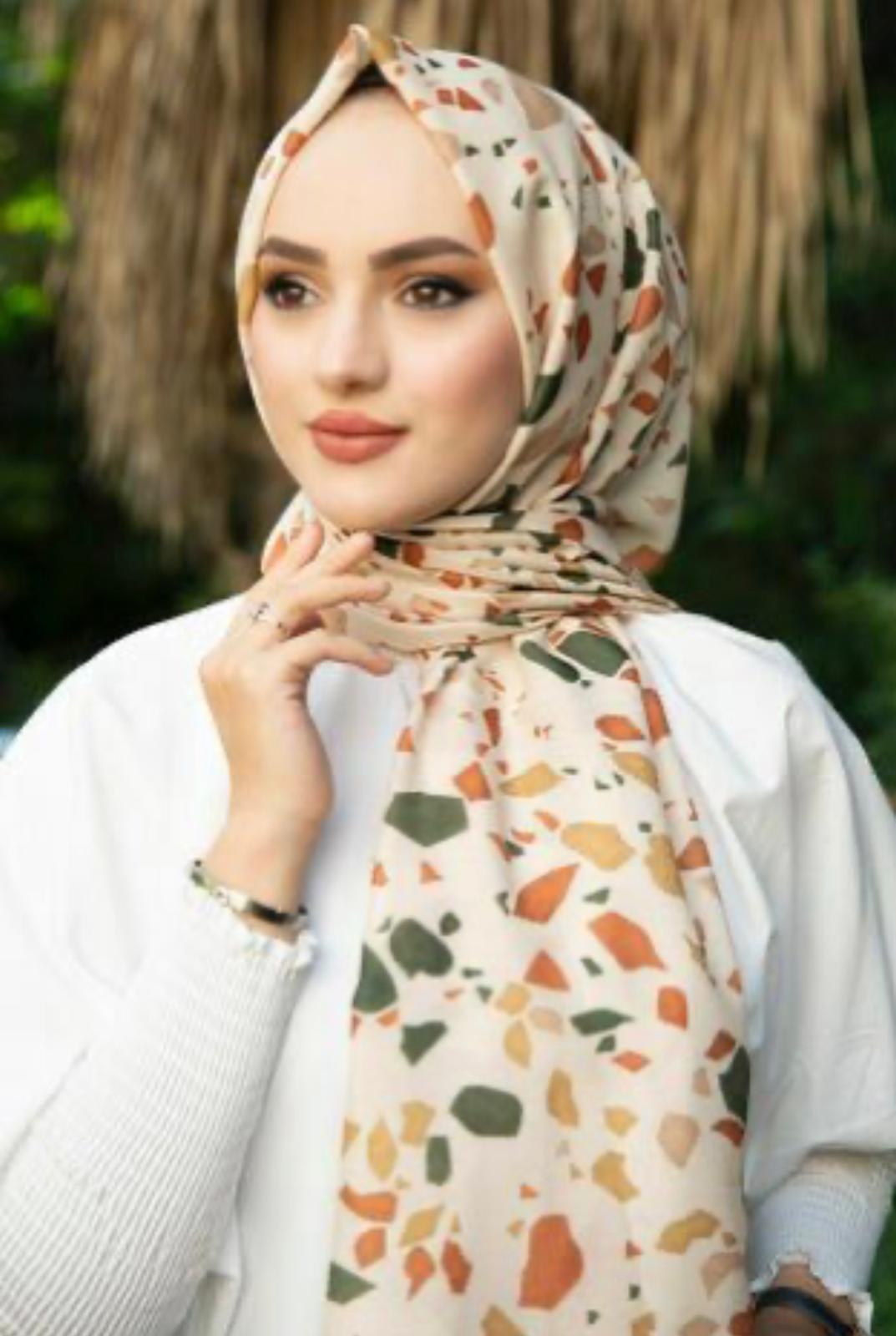 Terrazzo Print Chiffon Hijab – Nude Olive & Rust