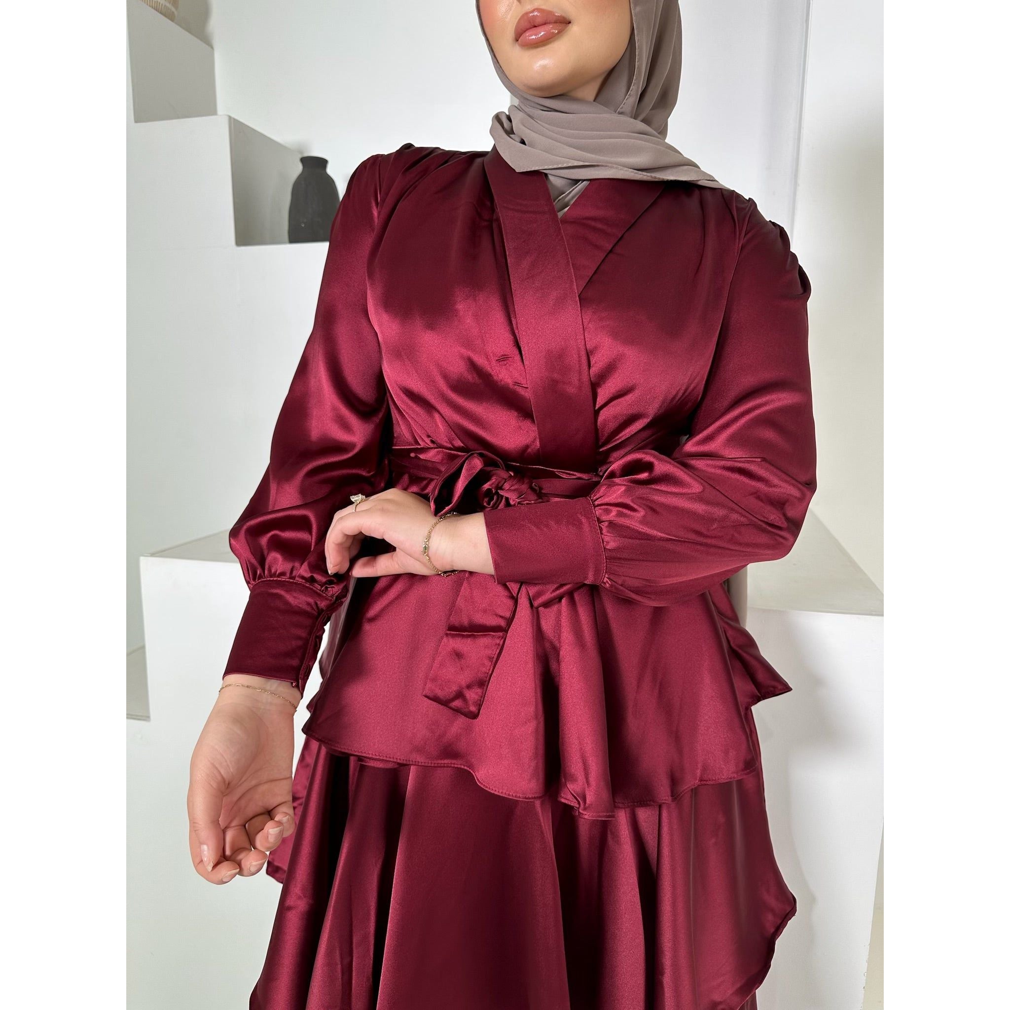 Anna satin dress in Maroon Red.