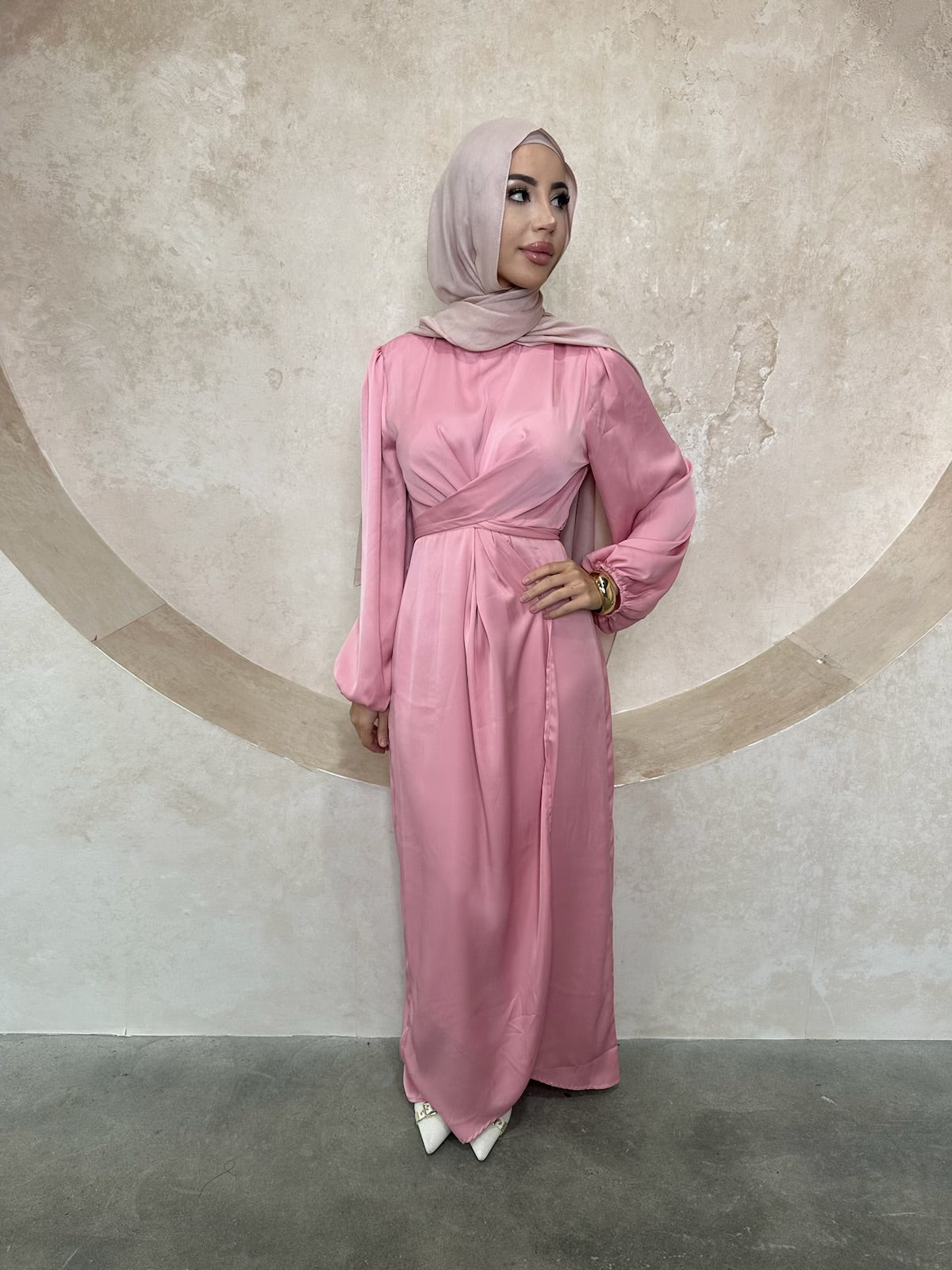 Satin Wrapped Dress With Puffed Sleeves