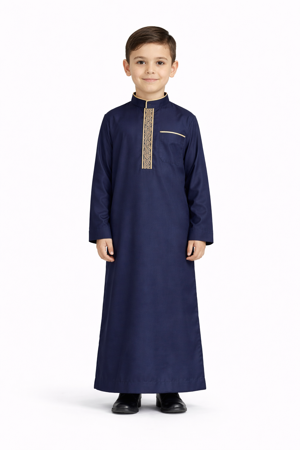 Boys Collar Embroidered Thobe – Traditional Long Sleeve Islamic Wear