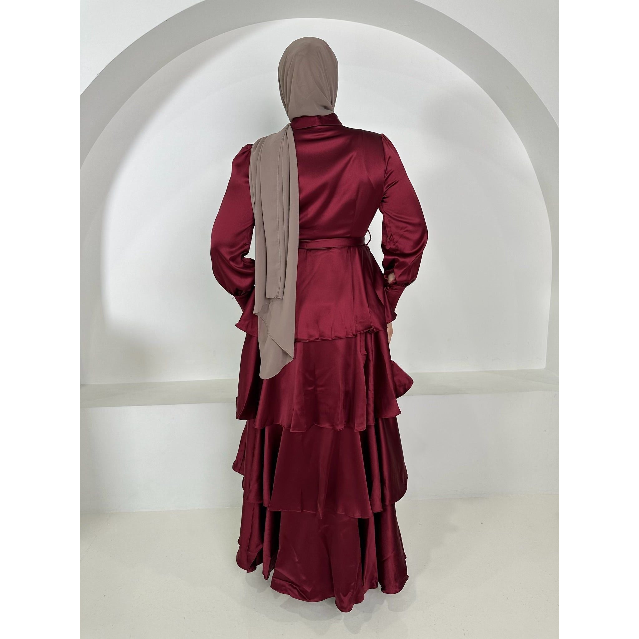 Anna satin dress in Maroon Red.