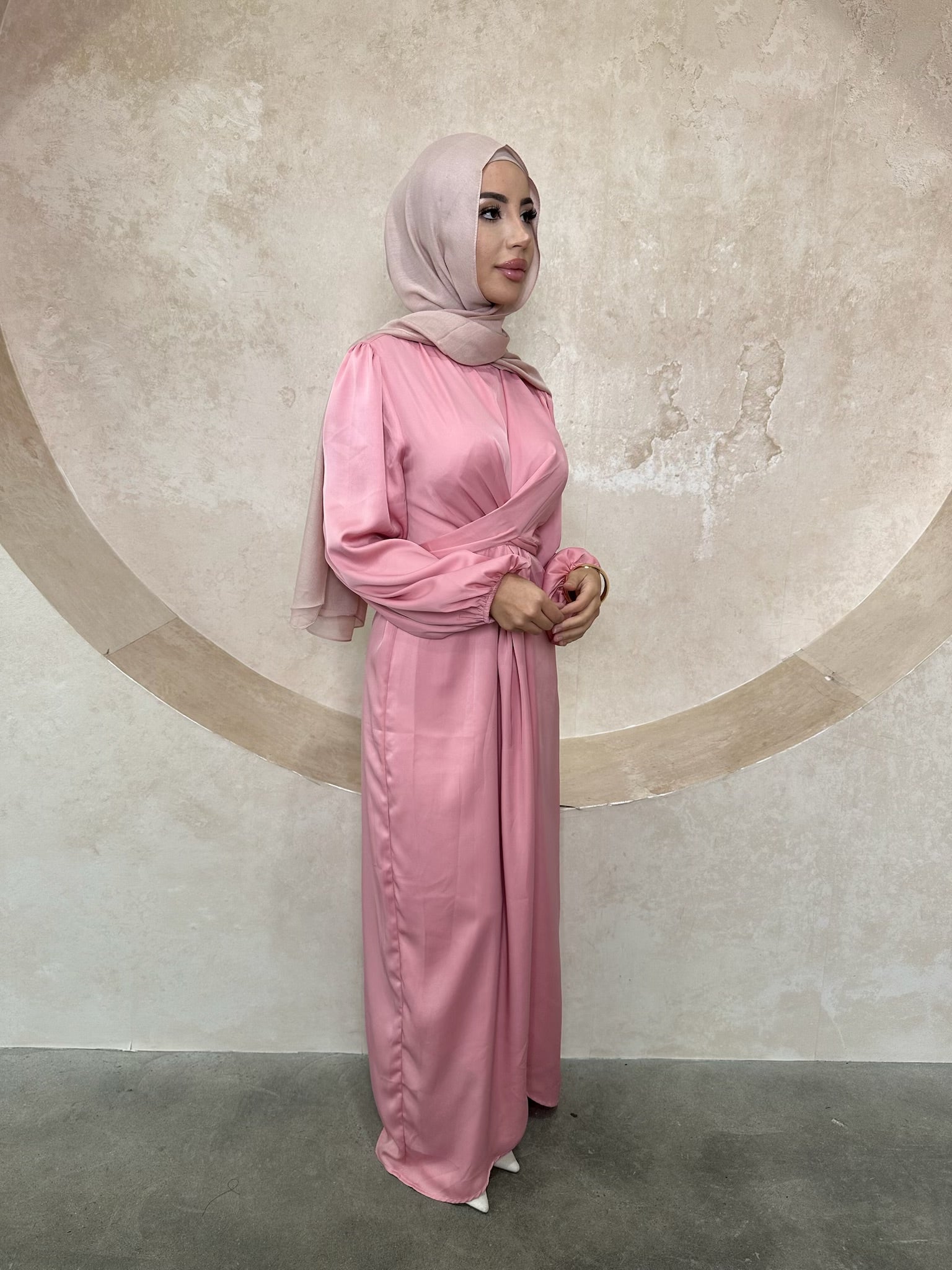 Satin Wrapped Dress With Puffed Sleeves