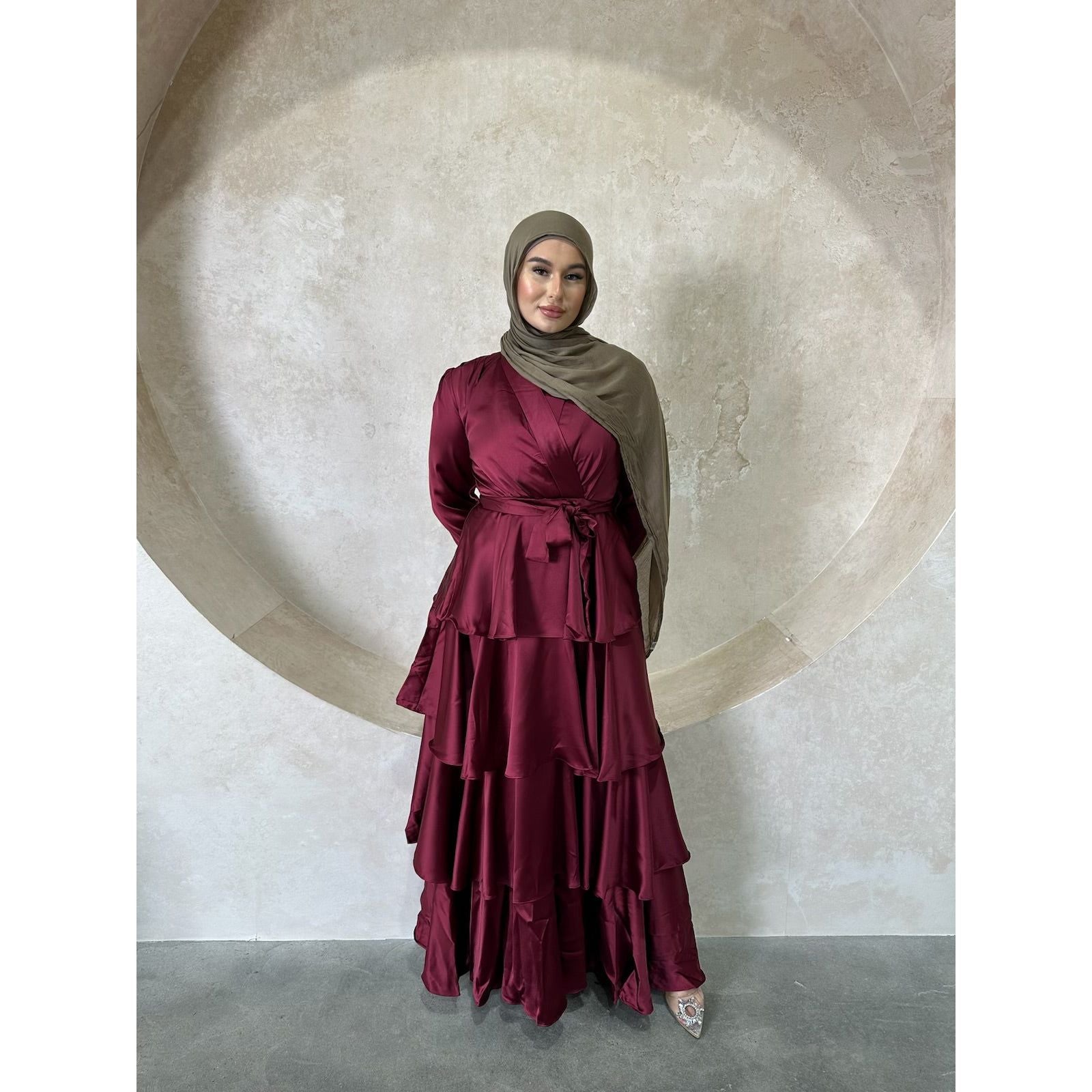Anna satin dress in Maroon Red.