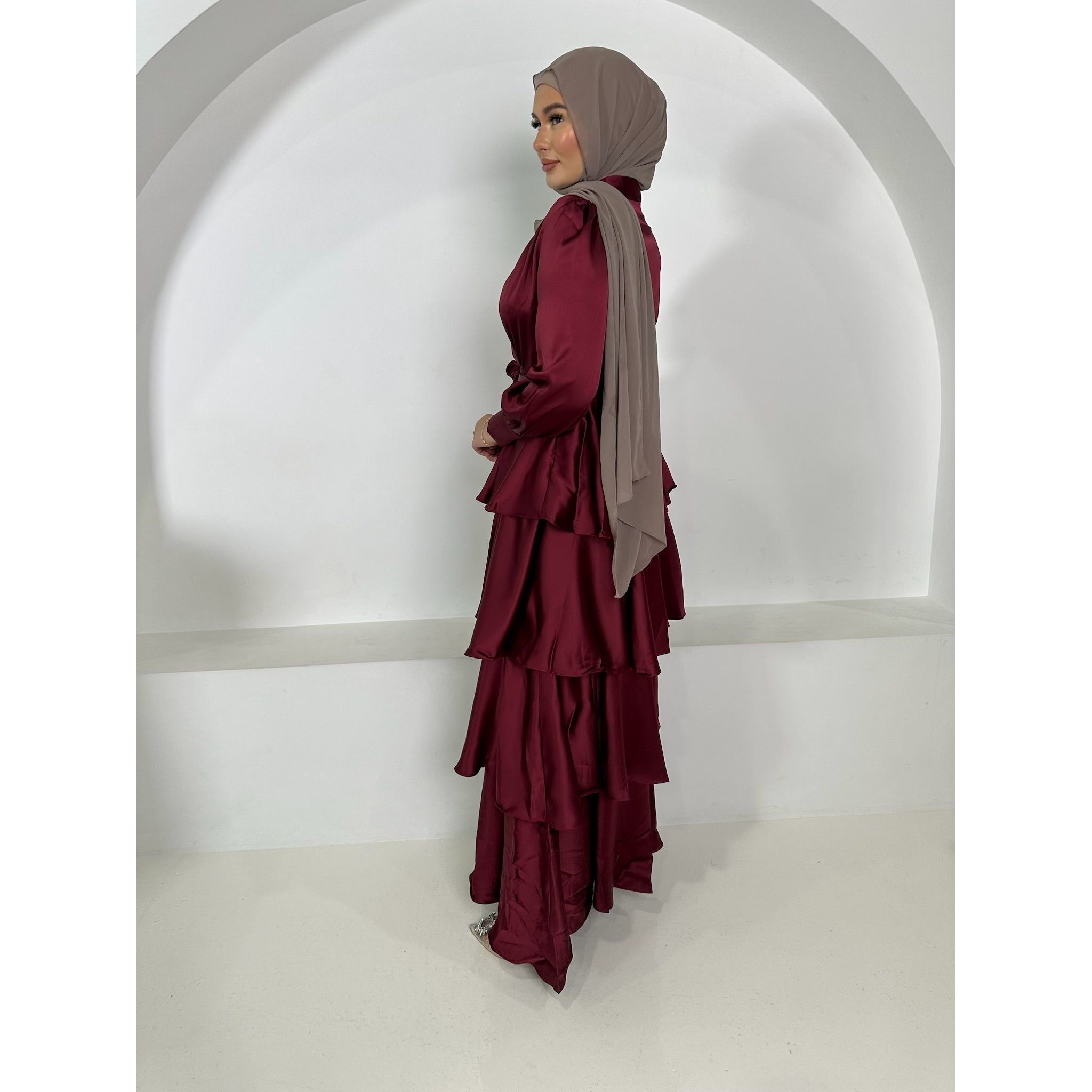 Anna satin dress in Maroon Red.