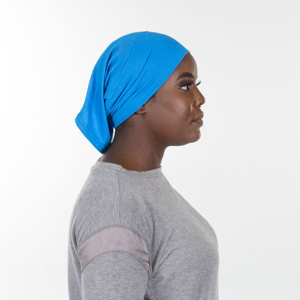 Cotton jersey hijab under cap, straight frontal