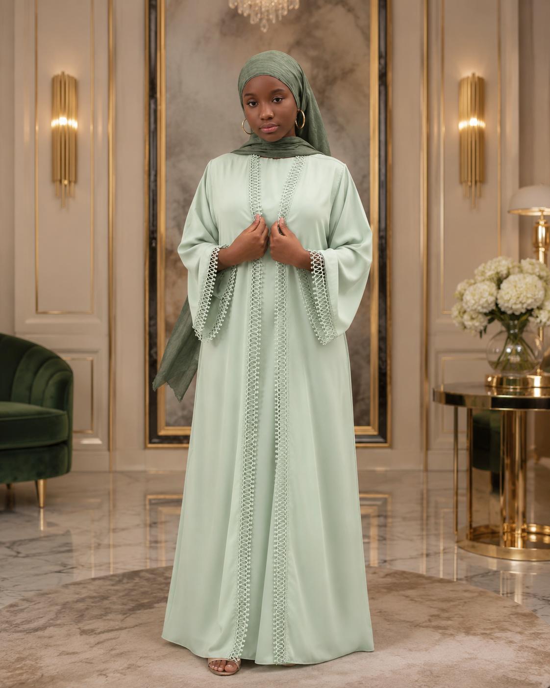 Luxury Lace Trim Open Abaya 2pcs set