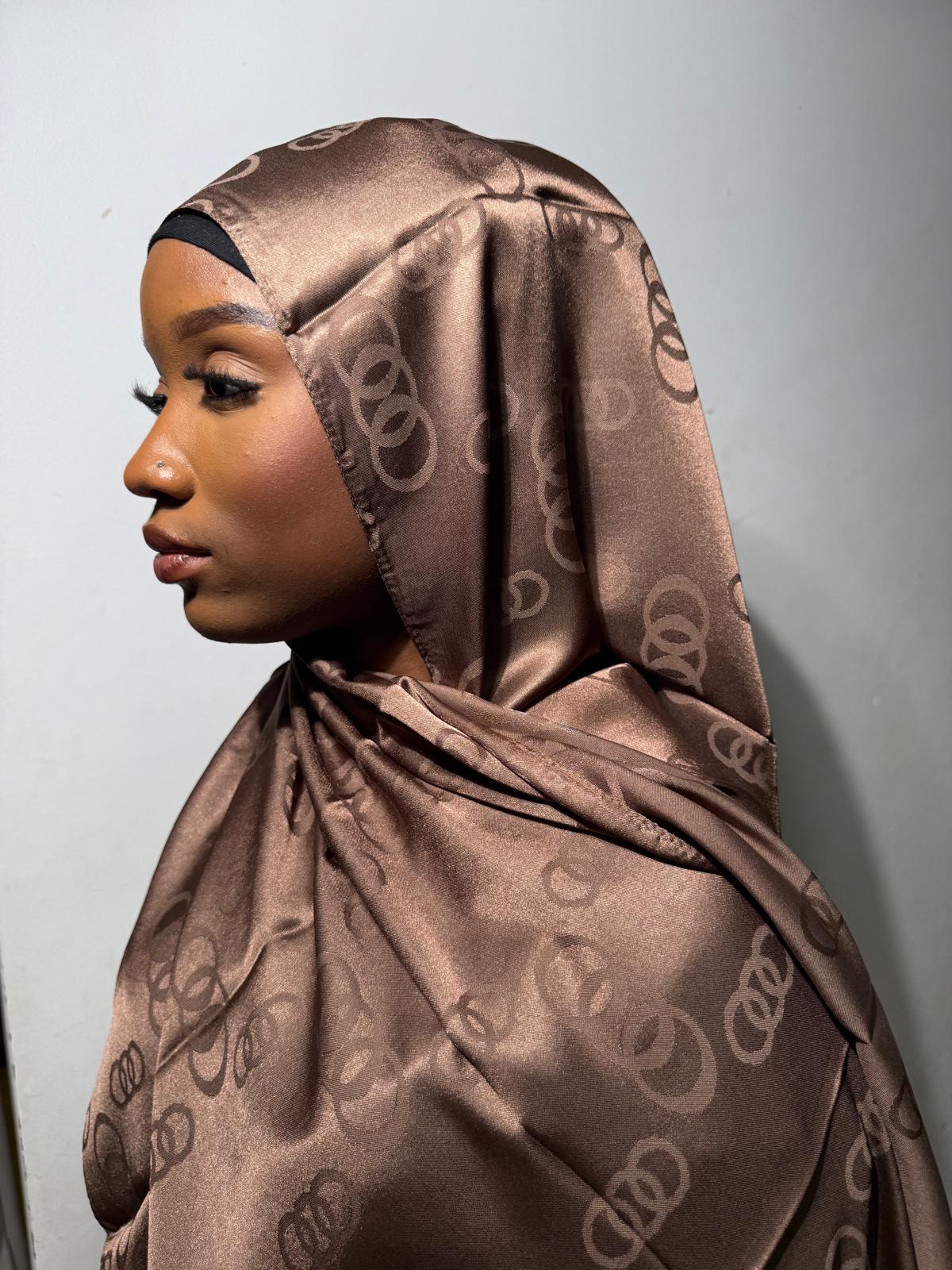 Luxury Inspired Three-Ring Pattern Hijab - Brown Satin