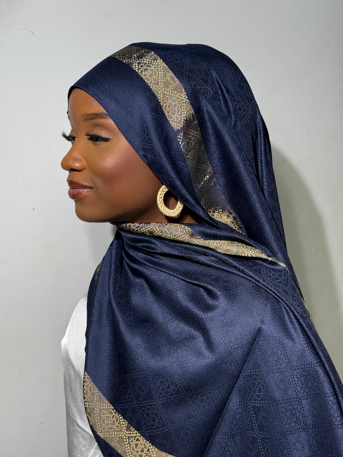 Luxury Chantel Hijab with Metallic Textured Border - Navy