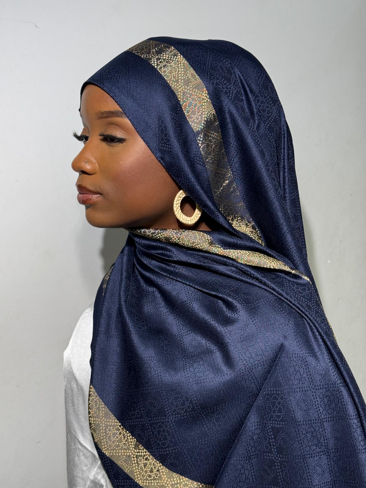 Luxury Chantel Hijab with Metallic Textured Border - Navy