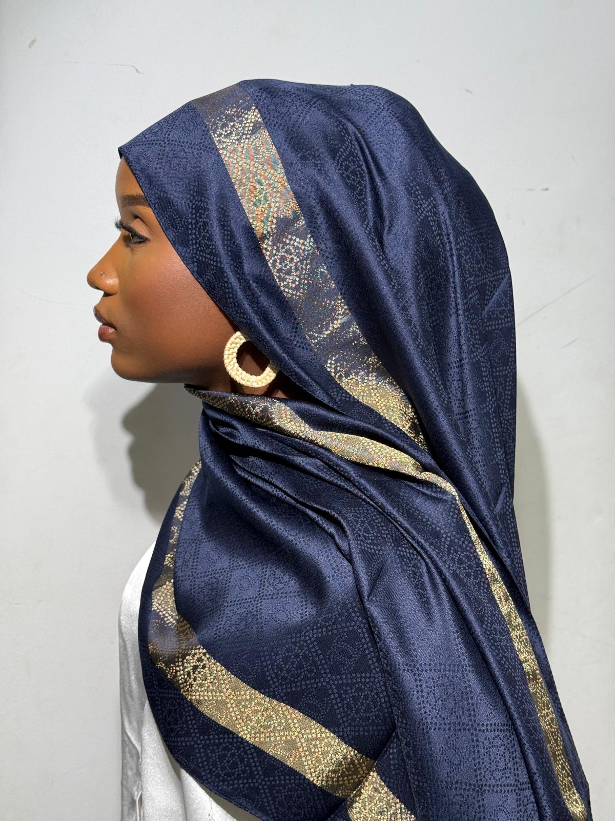Luxury Chantel Hijab with Metallic Textured Border - Navy