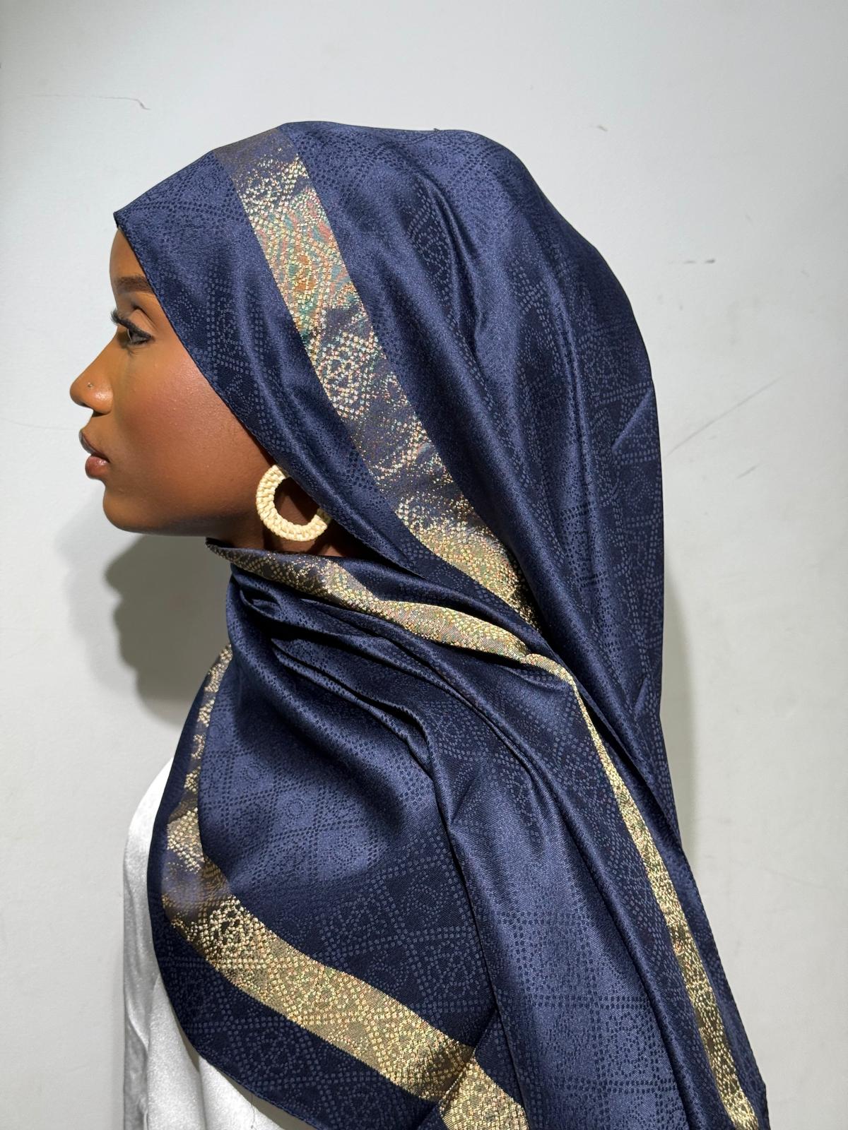 Luxury Chantel Hijab with Metallic Textured Border - Navy