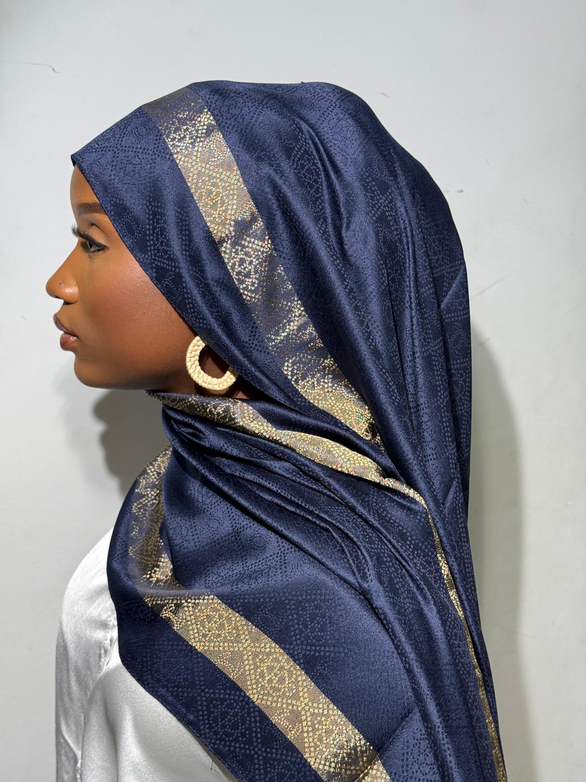 Luxury Chantel Hijab with Metallic Textured Border - Navy