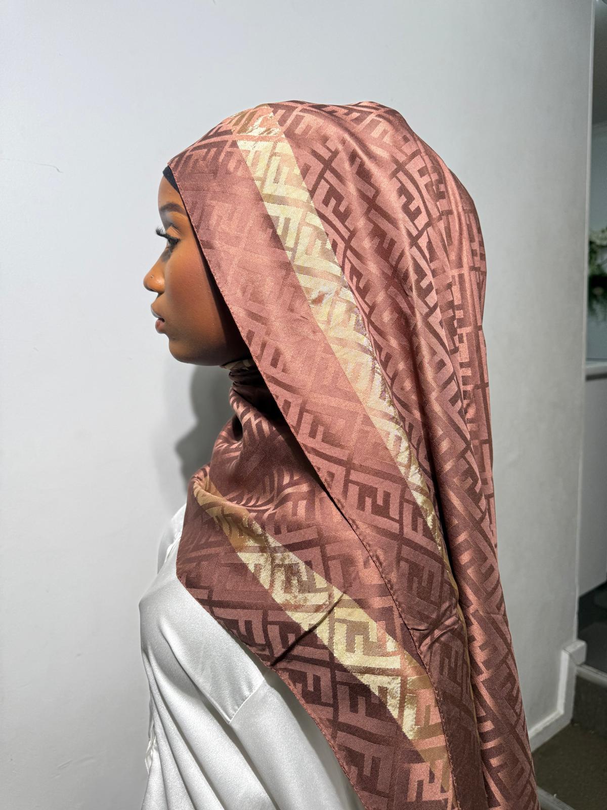 Fatima luxury silky barns hijab - Bronze Monogram & Gold Stripe