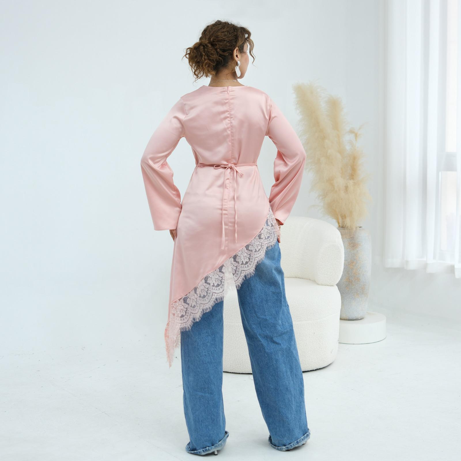 Modest Asymmetrical Satin Lace Top – Elegant Long Sleeve Blouse for Women