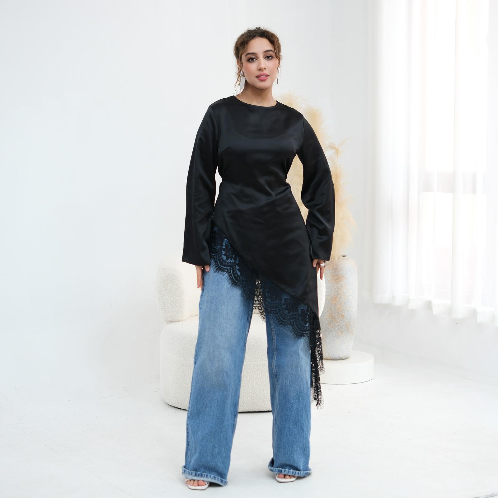 Modest Asymmetrical Satin Lace Top β Elegant Long Sleeve Blouse for Women