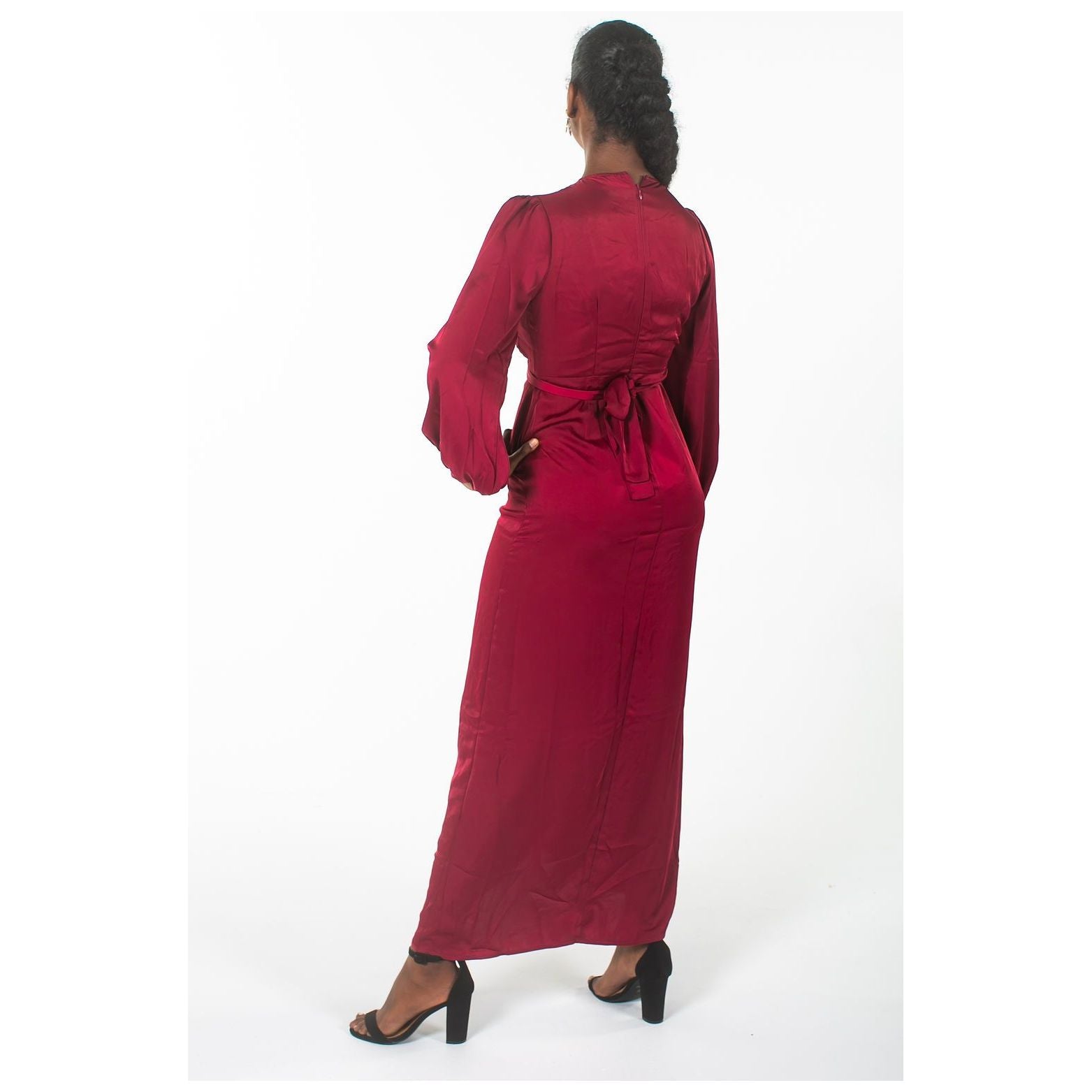Burgundy Satin Wrapped Dress With Puffed Sleeves - Somah and Mikhail