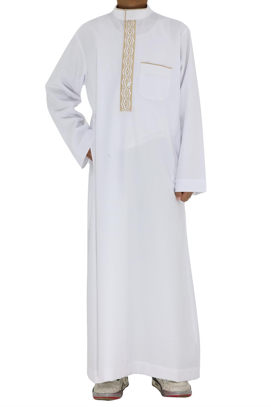 Boys Collar Embroidered Thobe – Traditional Long Sleeve Islamic Wear