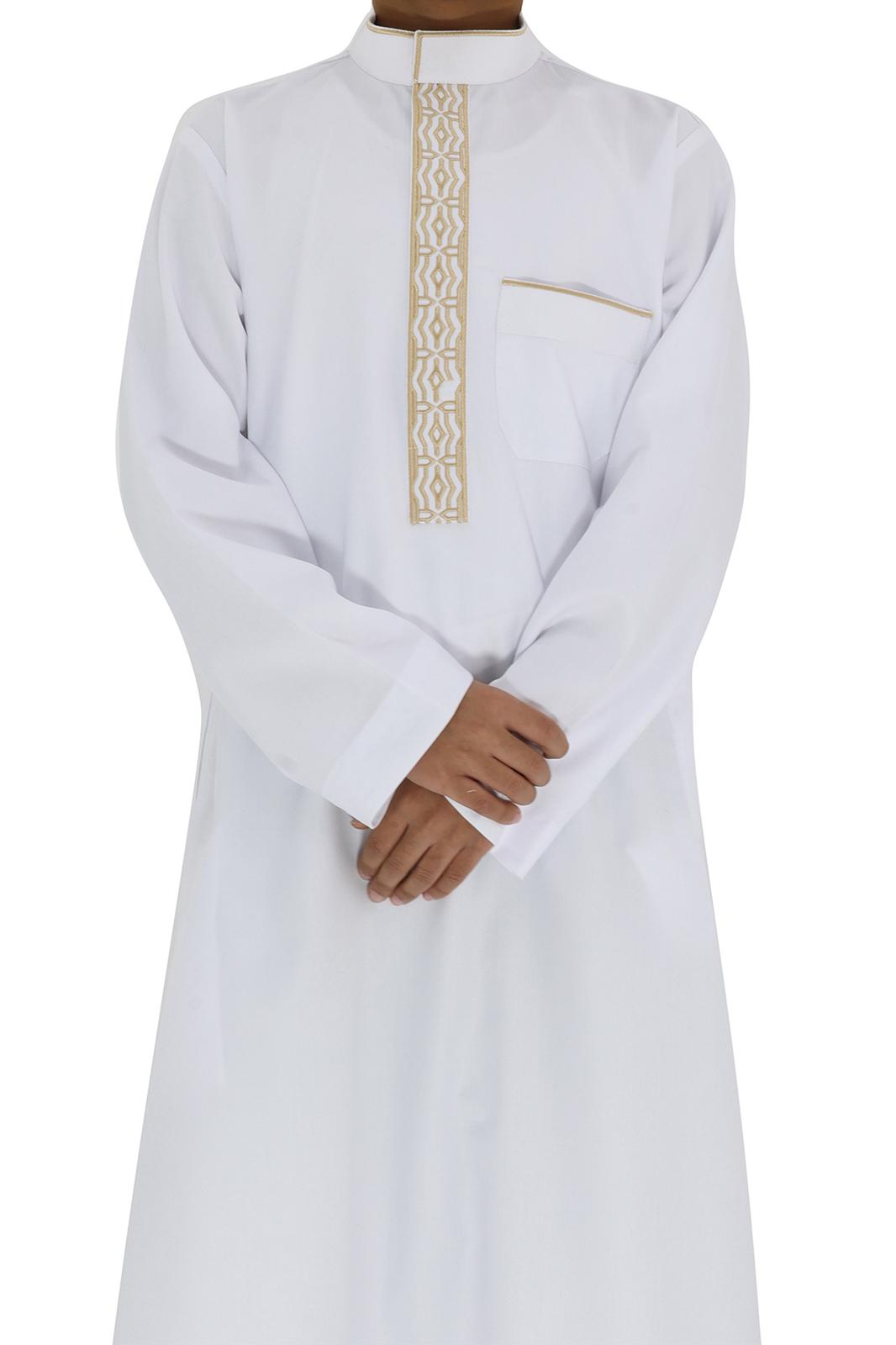 Boys Collar Embroidered Thobe – Traditional Long Sleeve Islamic Wear