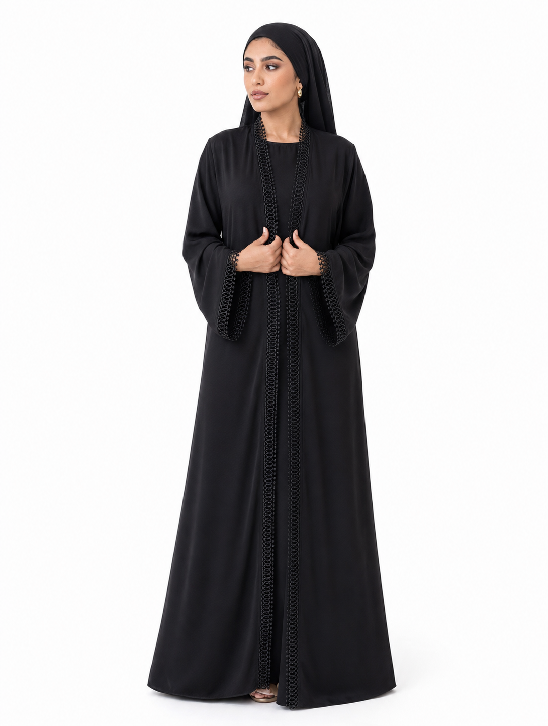 Luxury Lace Trim Open Abaya 2pcs set