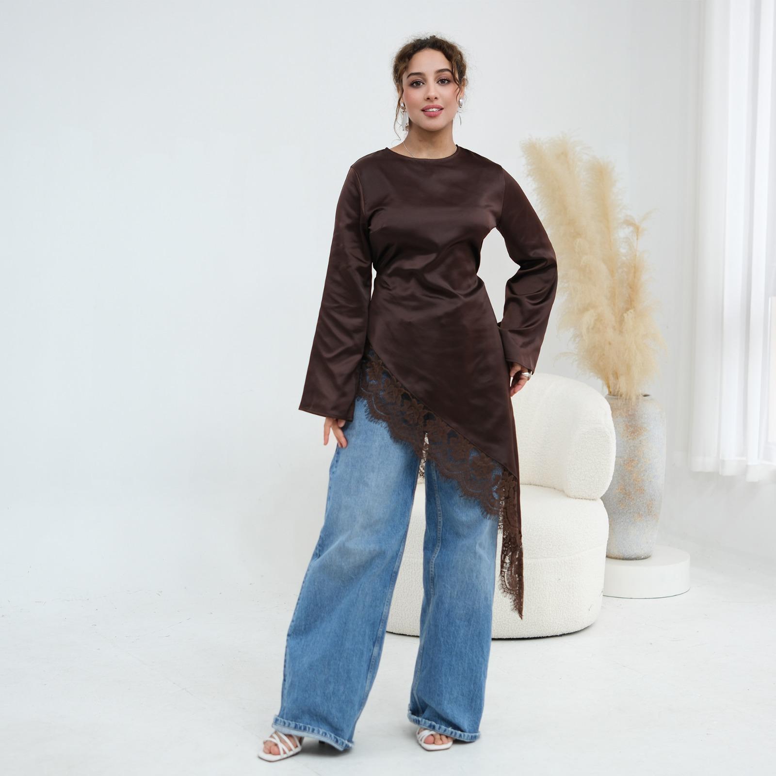 Modest Asymmetrical Satin Lace Top – Elegant Long Sleeve Blouse for Women