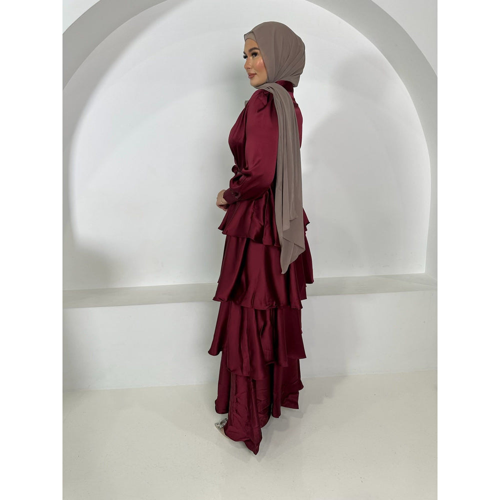 
                  
                    Anna satin dress in Maroon Red.
                  
                