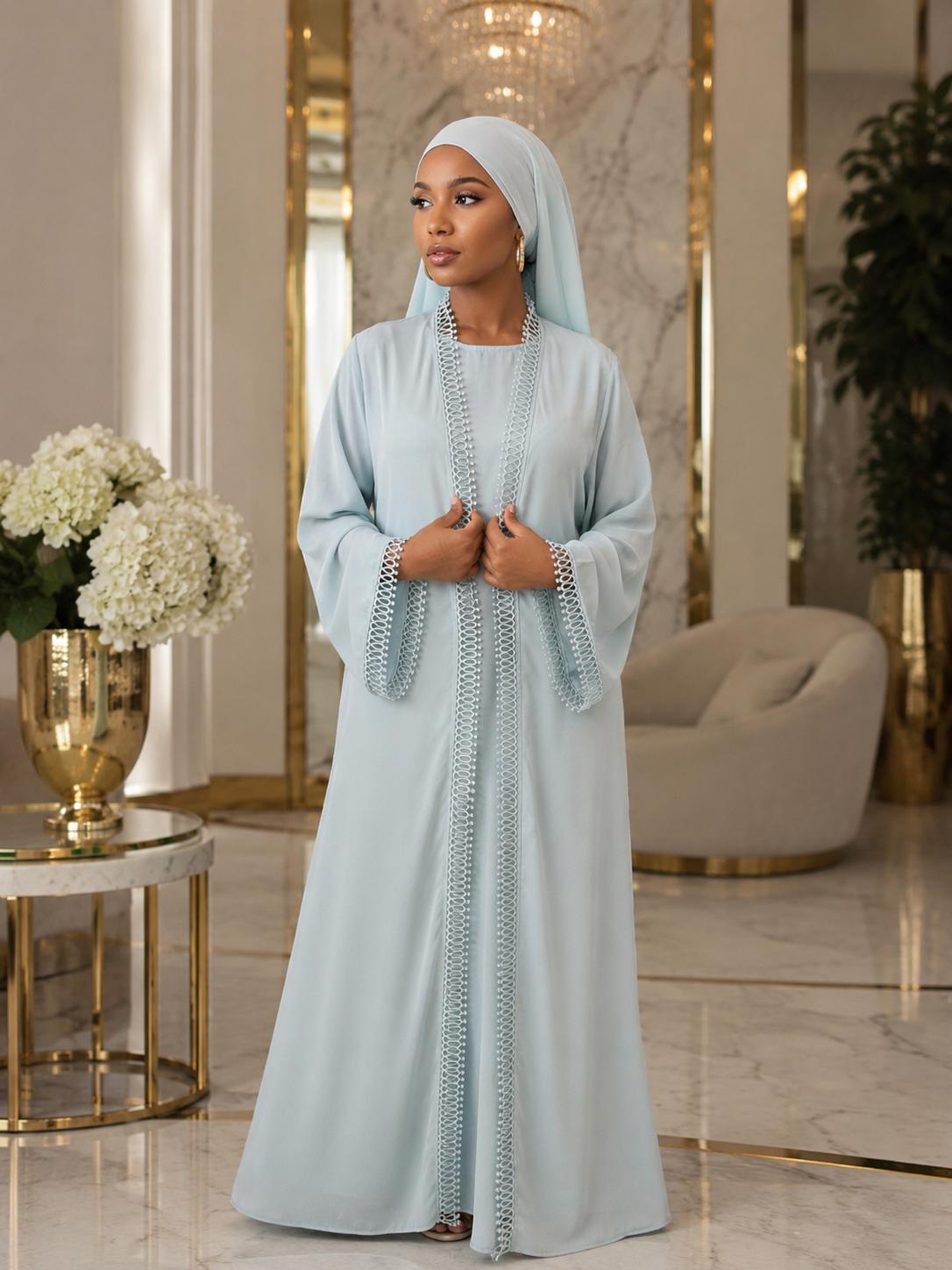 Luxury Lace Trim Open Abaya 2pcs set