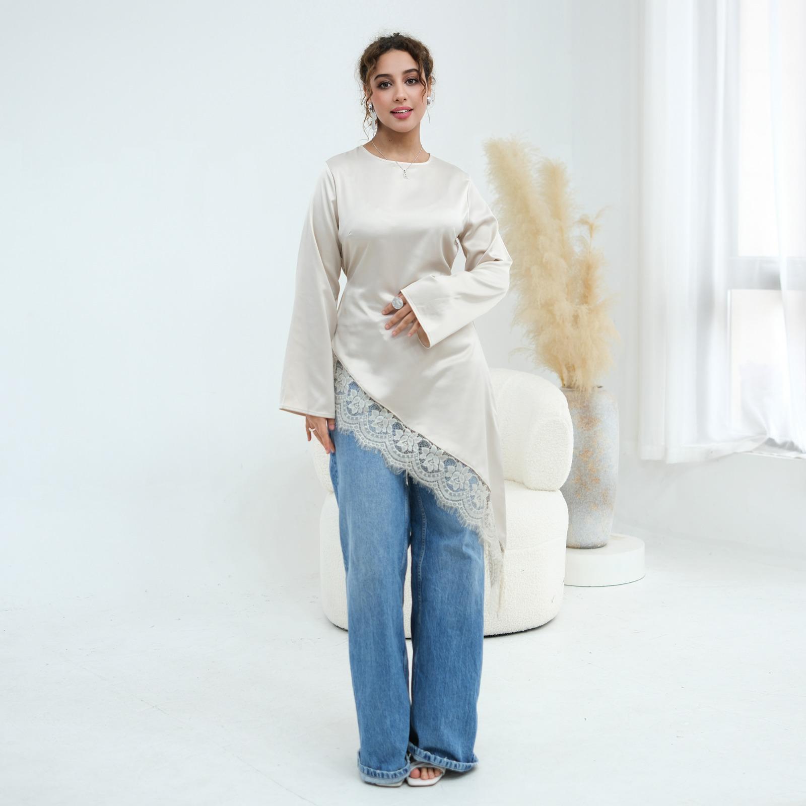 Modest Asymmetrical Satin Lace Top – Elegant Long Sleeve Blouse for Women