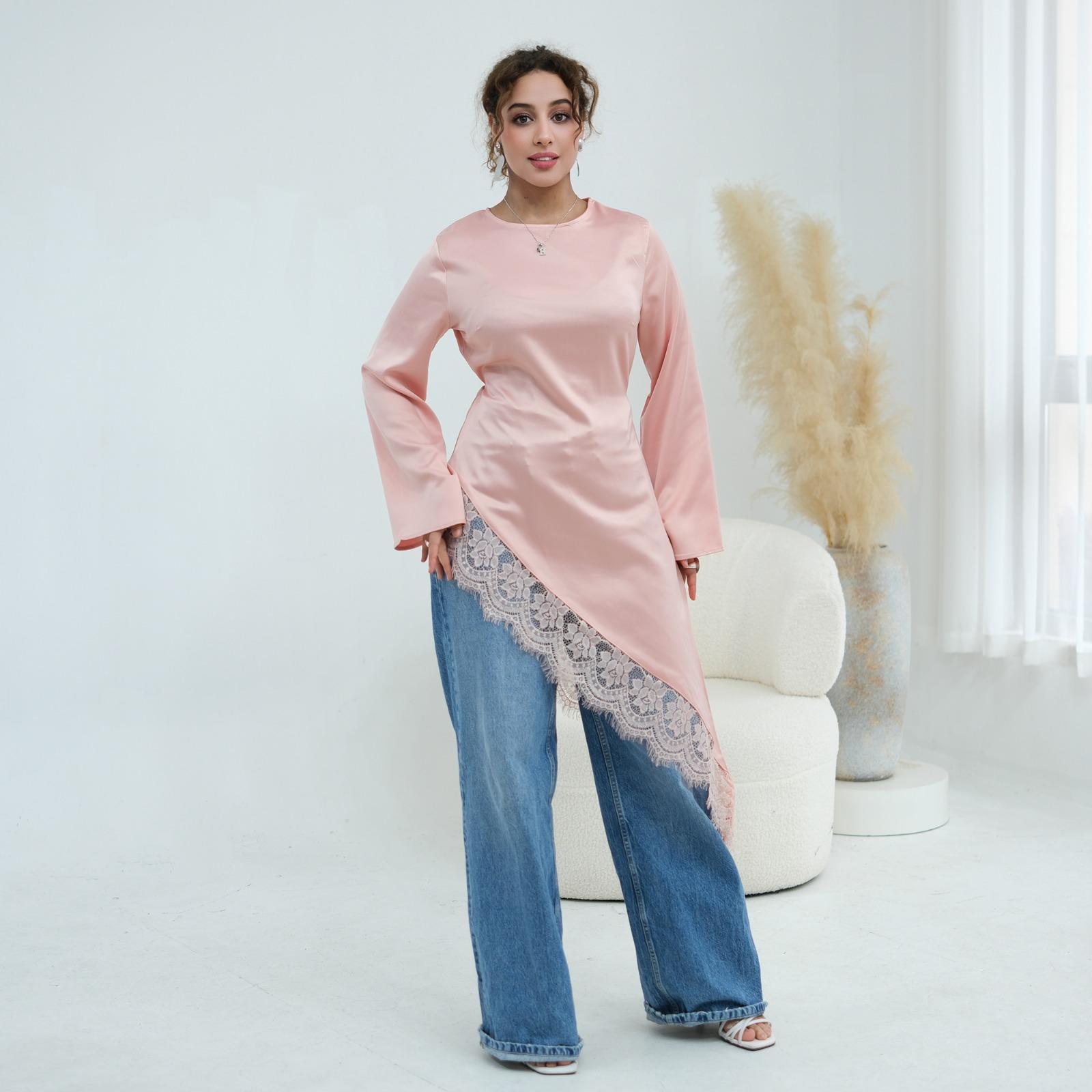 Modest Asymmetrical Satin Lace Top – Elegant Long Sleeve Blouse for Women