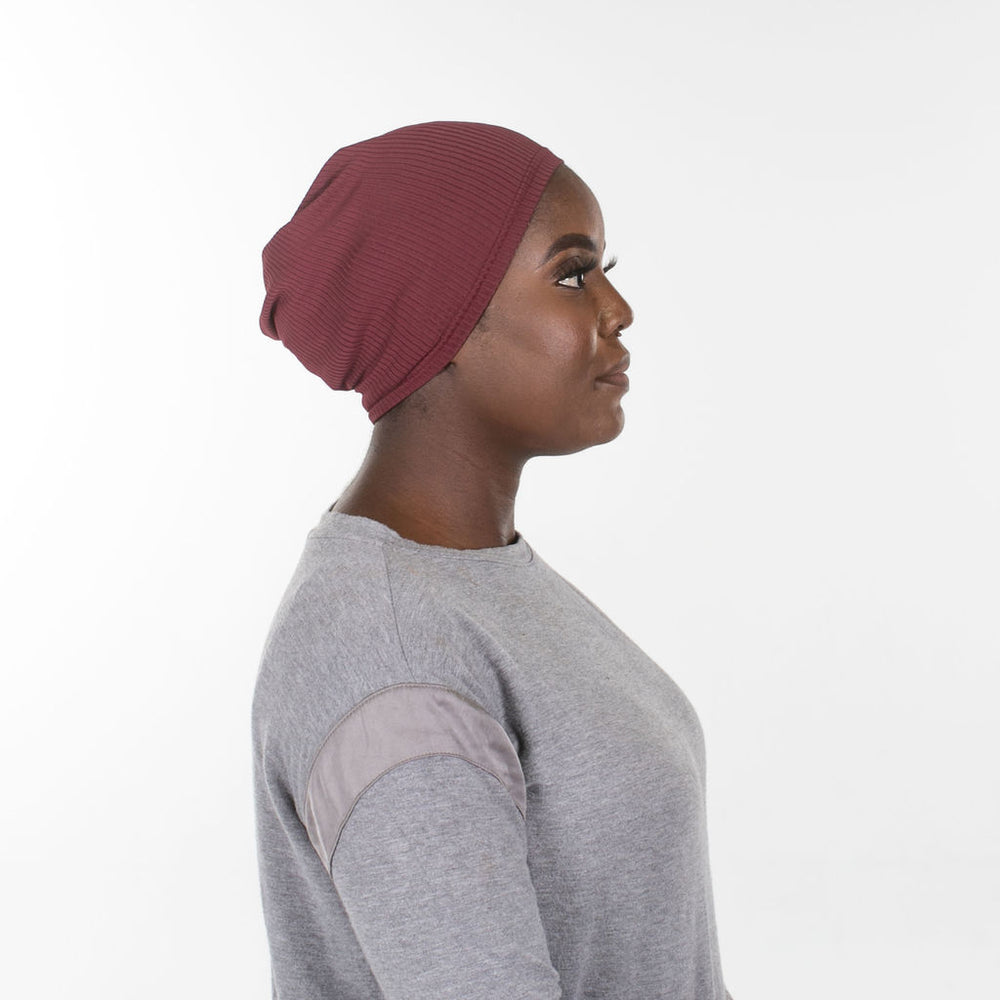 Ribbed jersey hijab under cap-burgundy straight frontal - Somah and Mikhail