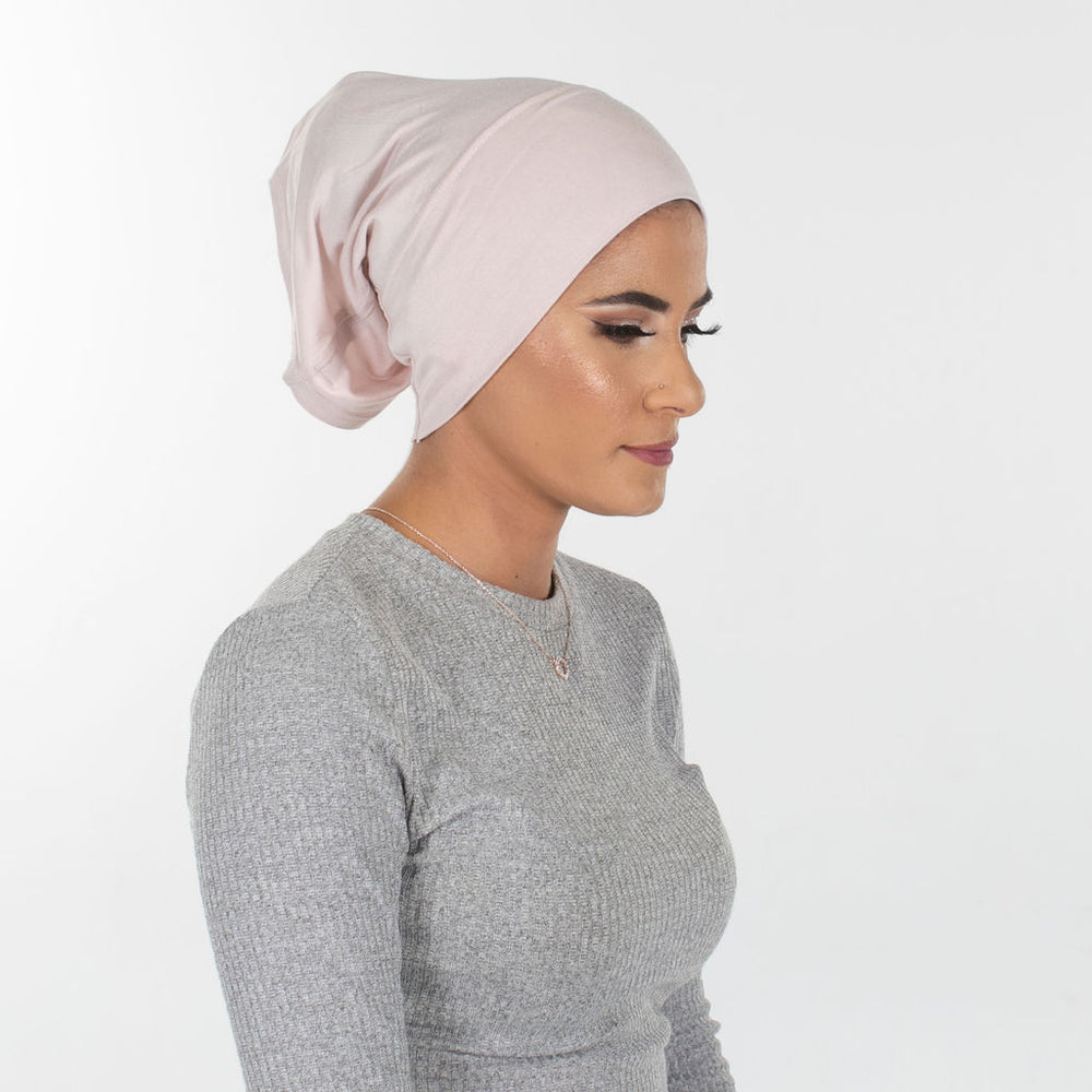 Cotton jersey hijab under cap, straight frontal - Somah and Mikhail
