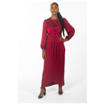 Burgundy Satin Wrapped Dress With Puffed Sleeves - Somah and Mikhail