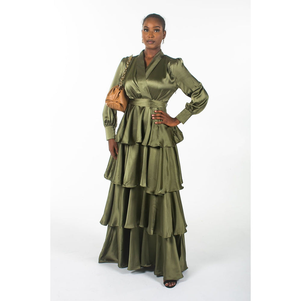 Tiered Satin Dress In Olive Green - Somah and Mikhail