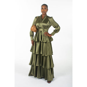 
                  
                    Tiered Satin Dress In Olive Green - Somah and Mikhail
                  
                