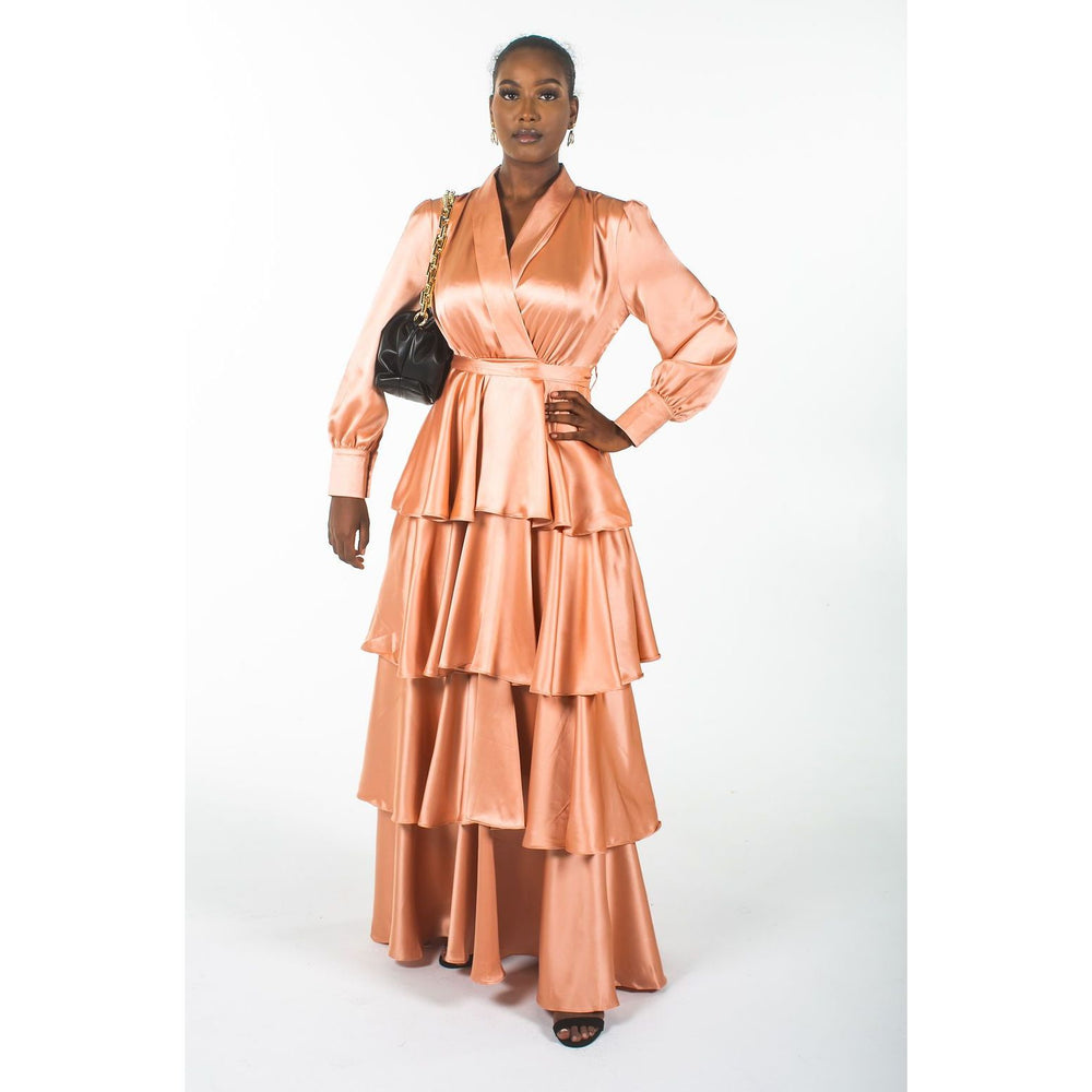 Tiered Satin Dress In Apricot - Somah and Mikhail