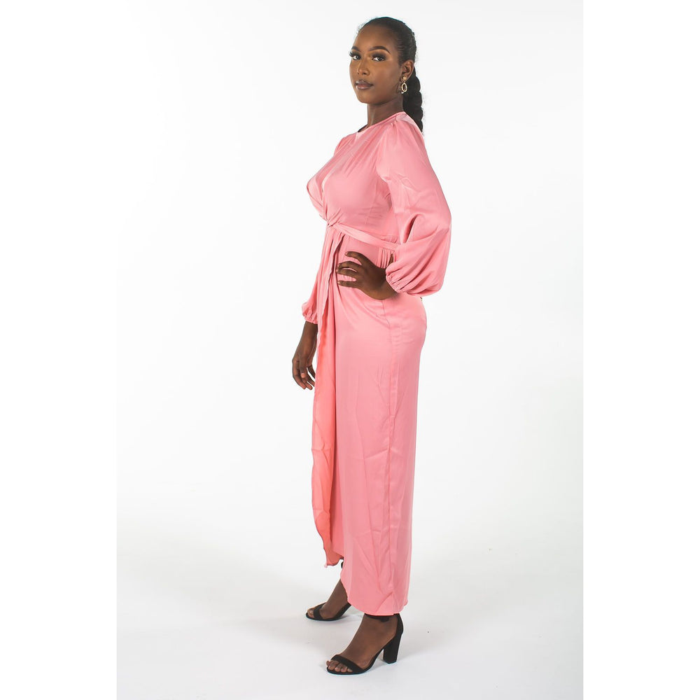 Pink Satin Wrapped Dress With Puffed Sleeves - Somah and Mikhail